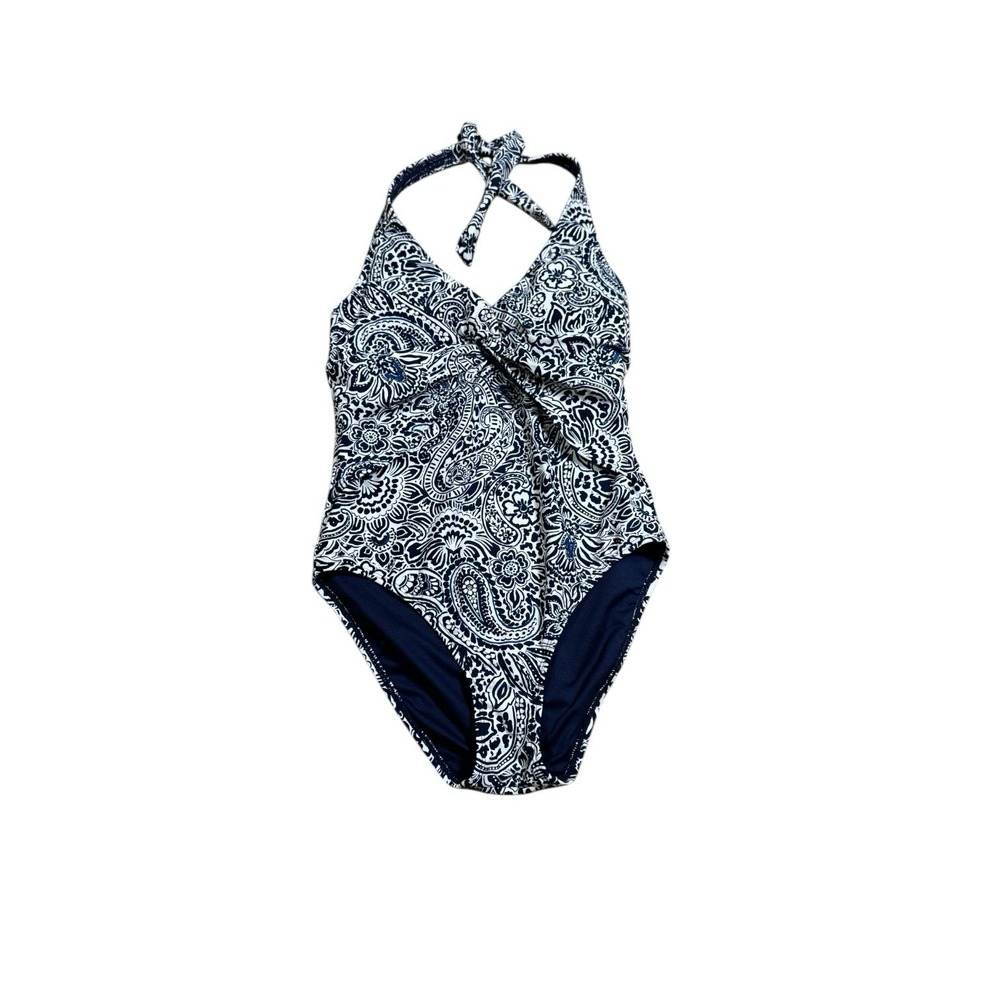 Ellen Tracy Halter V-Neck One Piece Swimsuit Navy White Size 8 Lined‎ $98